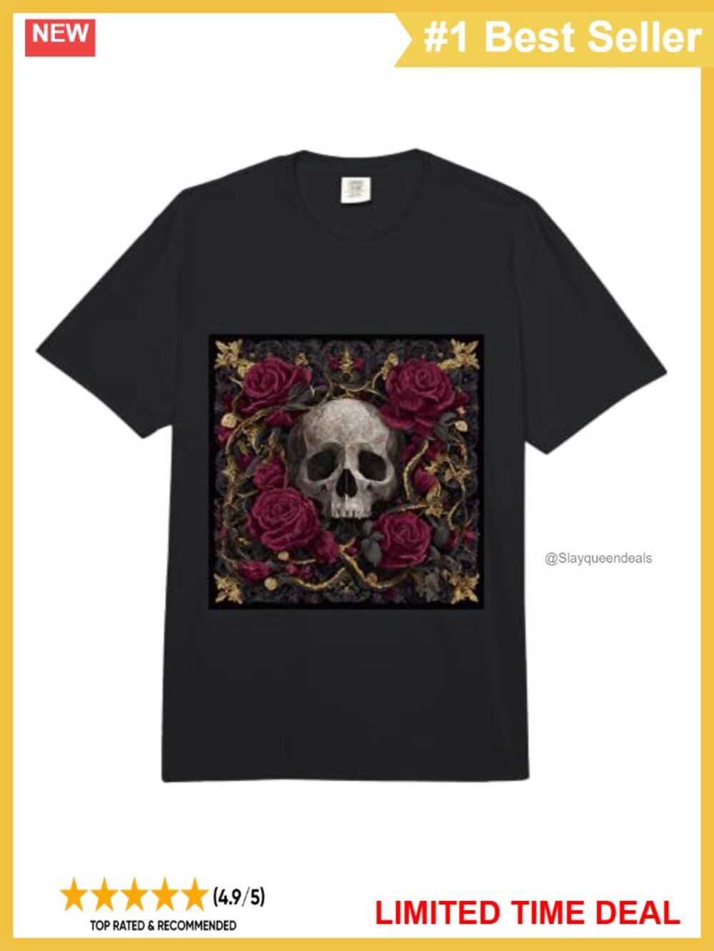 Gothic Skull Red Roses Floral Dark Art Comfort Colors Heavyweight T-Shirt